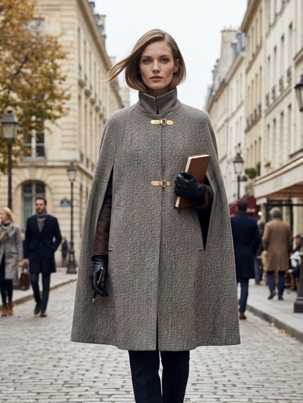 Handmade Womens Vintage Brown Herringbone Tweed Wool Cape Coat Gold Metal Clasps